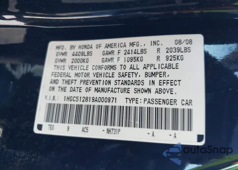 2009 Honda Accord 2.4 Ex-L from USA, damaged, VIN 1HGCS12819A000971